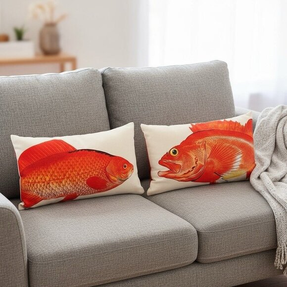 Set Of 2 Red Fish Throw Pillows 19x12 Coastal Nautical Home Decor - Picture 1 of 13